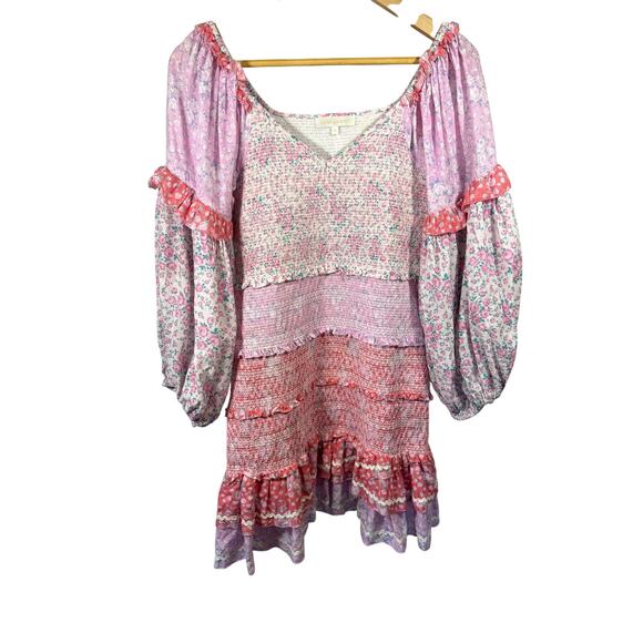 LOVE SHACK FANCY Women's Ensley Floral Print Smocked Mini Dress Pink Size Medium - Picture 2 of 11